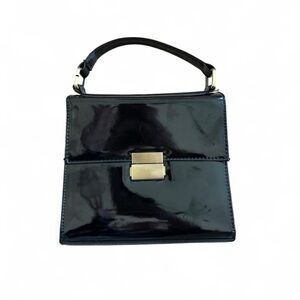 Black Faux Patent Leather Top-Handle Bag with Gold Tone Clasp